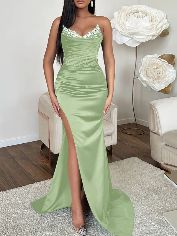 Sheath/Column V-neck Sleeveless Sweep Train High Split Evening Dresses - Image 15