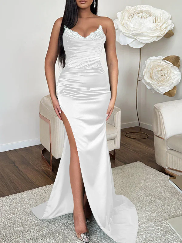 Sheath/Column V-neck Sleeveless Sweep Train High Split Evening Dresses - Image 16