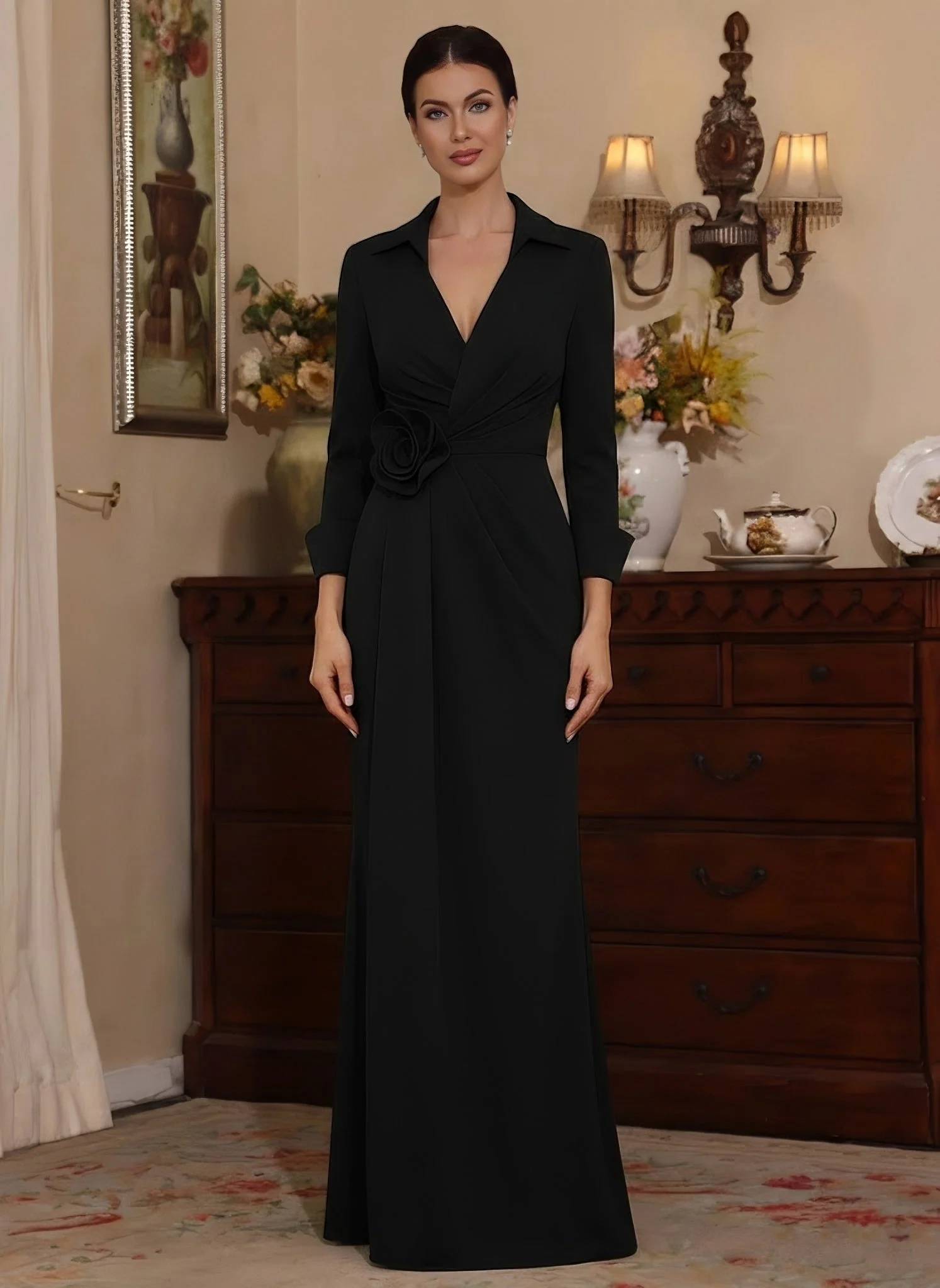 Sheath/Column V-Neck Stretch Satin Mother of the Bride Dresses with 3D Flower Floor-Length 3/4 Sleeves - Image 3