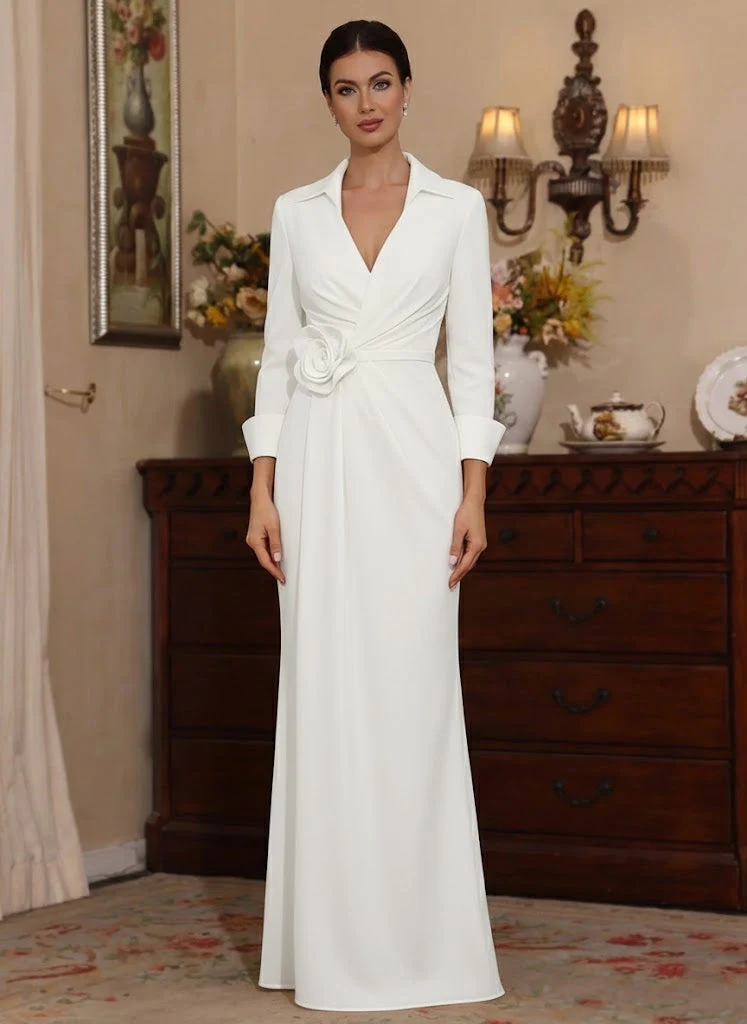 Sheath/Column V-Neck Stretch Satin Mother of the Bride Dresses with 3D Flower Floor-Length 3/4 Sleeves - Image 4