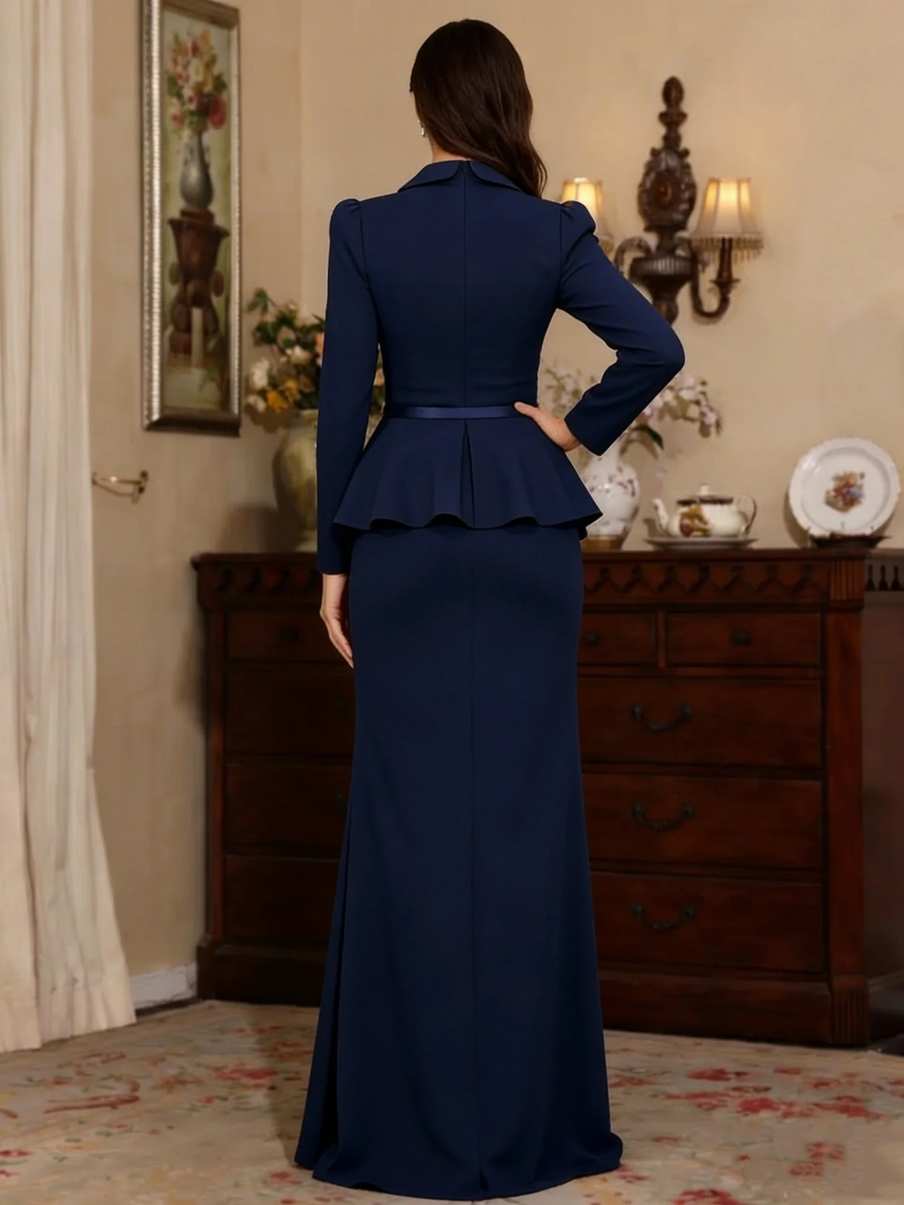 Sheath/Column V-Neck Stretch Satin Mother Of The Bride Dresses With 3D Flower Long Sleeves Floor-Length Pleated - Image 2