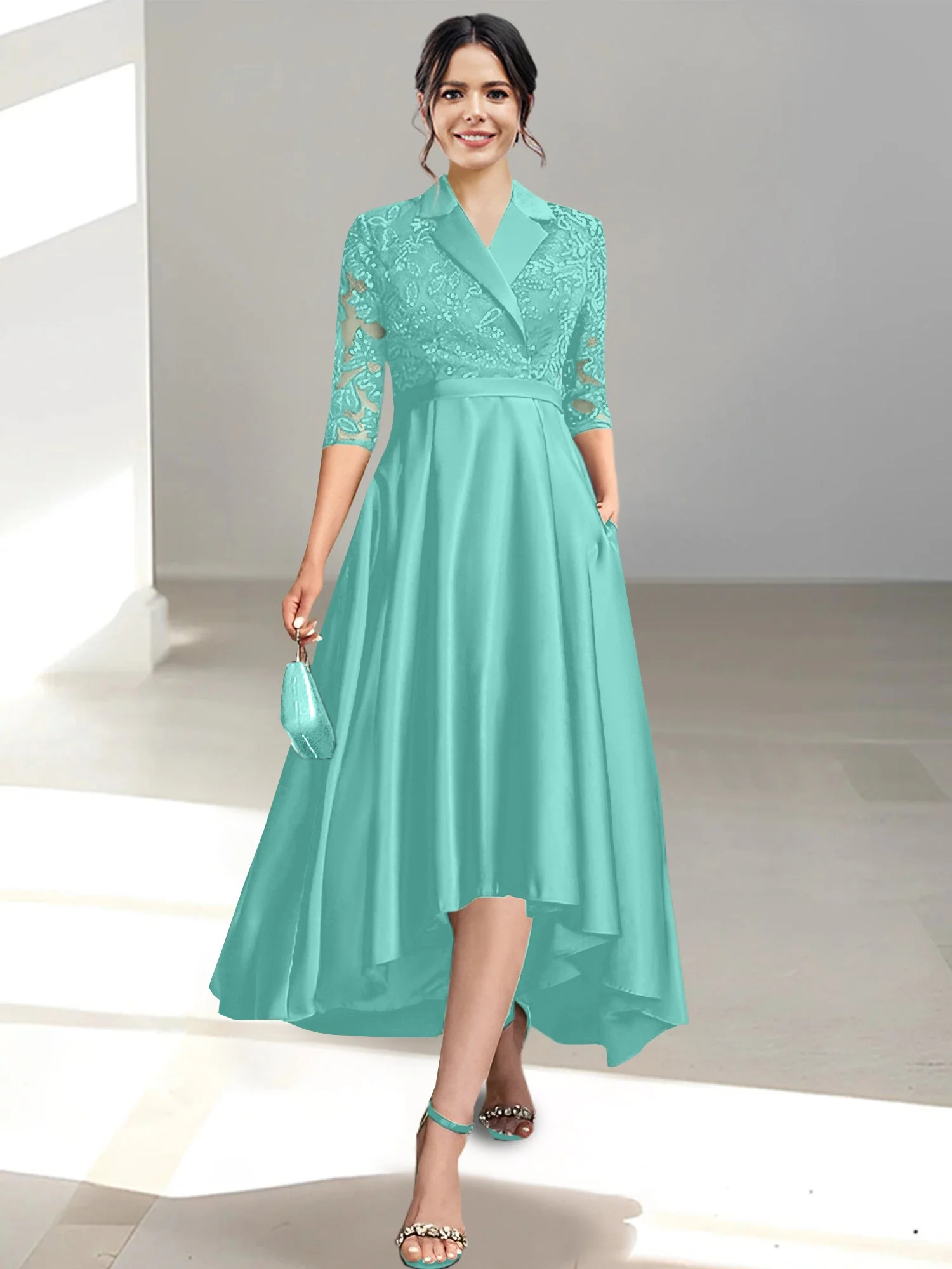 Sheath/Column V-Neck Tea-Length Mother of the Bride Dresses - Image 23