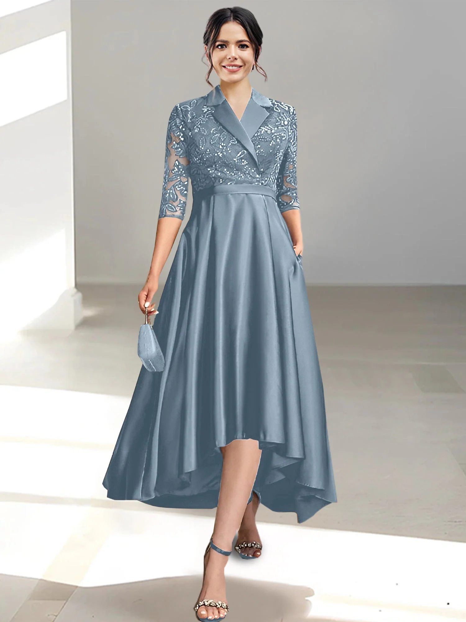 Sheath/Column V-Neck Tea-Length Mother of the Bride Dresses - Image 30