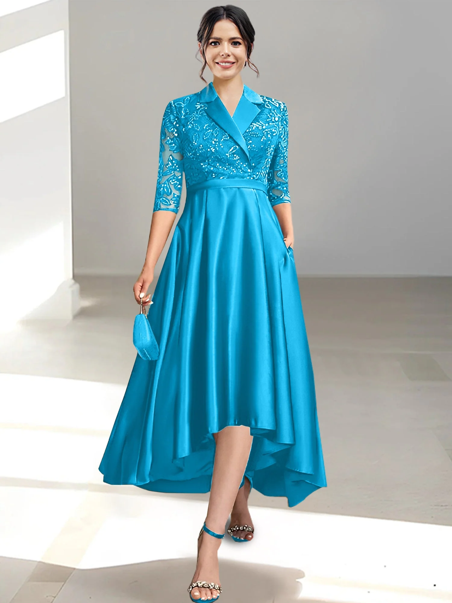 Sheath/Column V-Neck Tea-Length Mother of the Bride Dresses - Image 63