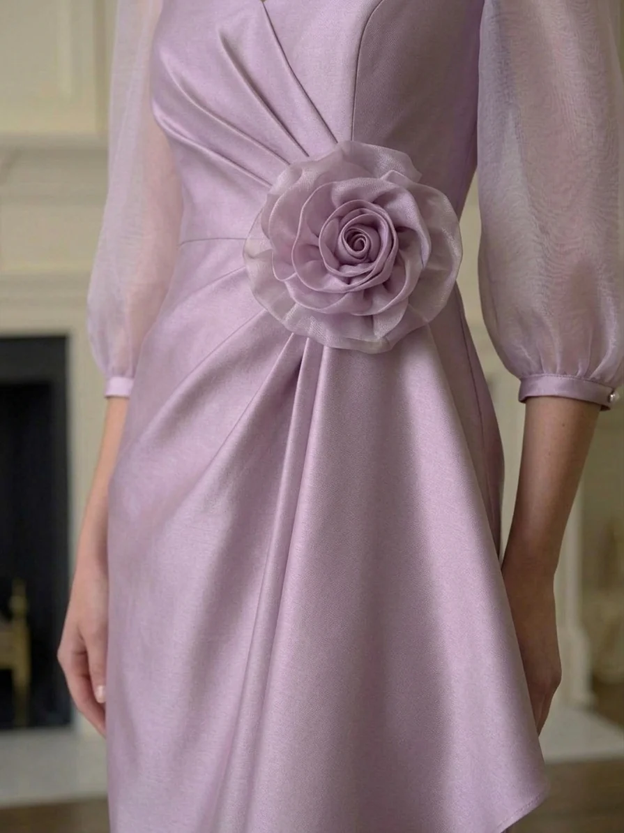Sheath/Column V-Neck Tea-Length Mother of the Bride Dresses with 3D Flower - Image 2