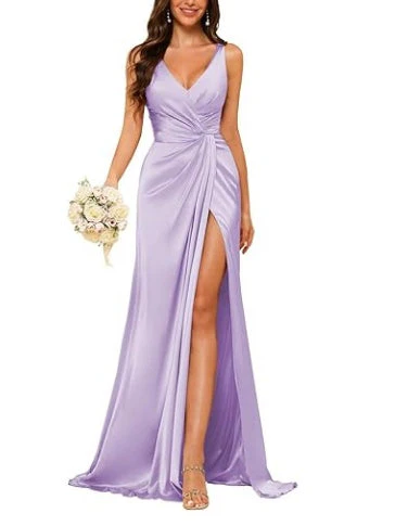 Sheath V-Neck Sleeveless Floor-Length Bridesmaid Dress with Ruched - Image 20