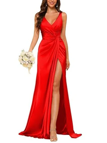 Sheath V-Neck Sleeveless Floor-Length Bridesmaid Dress with Ruched - Image 30