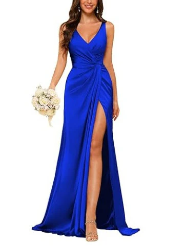 Sheath V-Neck Sleeveless Floor-Length Bridesmaid Dress with Ruched - Image 31