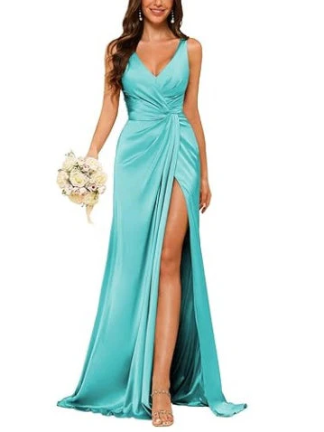 Sheath V-Neck Sleeveless Floor-Length Bridesmaid Dress with Ruched - Image 35