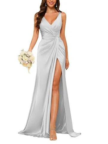 Sheath V-Neck Sleeveless Floor-Length Bridesmaid Dress with Ruched - Image 36