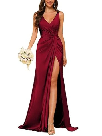 Sheath V-Neck Sleeveless Floor-Length Bridesmaid Dress with Ruched - Image 37