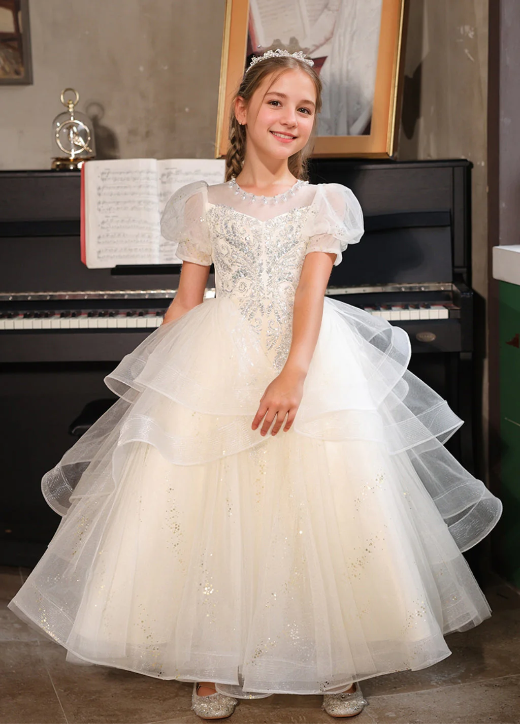 Short Sleeves A-Line/Princess Flower Girl Party Dress with Rhinestone Appliques - Image 2