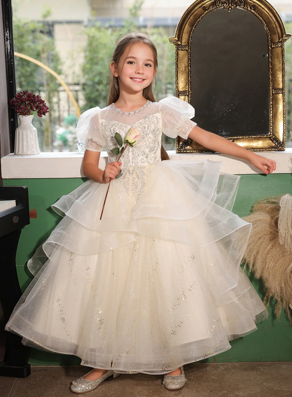 Short Sleeves A-Line/Princess Flower Girl Party Dress with Rhinestone Appliques - Image 3