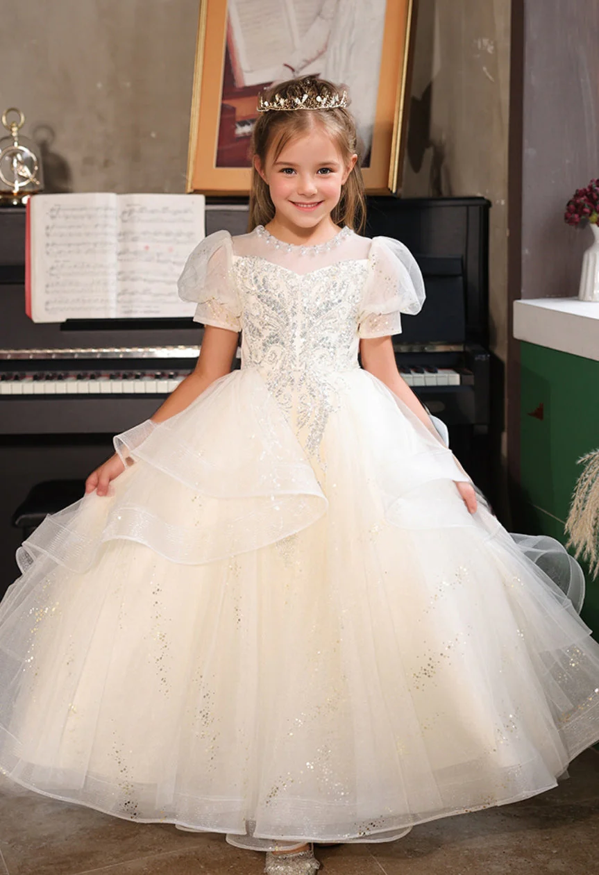 Short Sleeves A-Line/Princess Flower Girl Party Dress with Rhinestone Appliques - Image 4