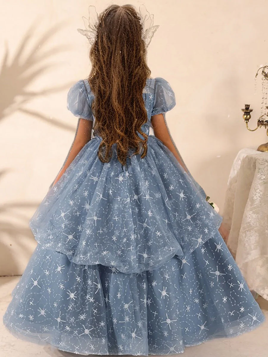 Short Sleeves Ball Gown Beading Round Neck Girl Party Dress with Rhinestones - Image 2
