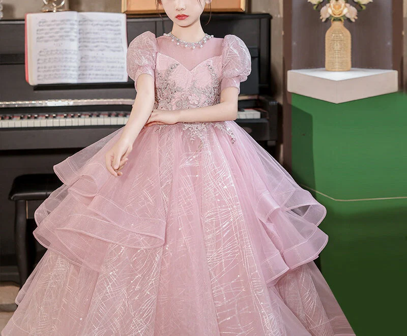 Short Sleeves Floor Length Princess Girl Party Dress with Rhinestones Appliques - Image 4