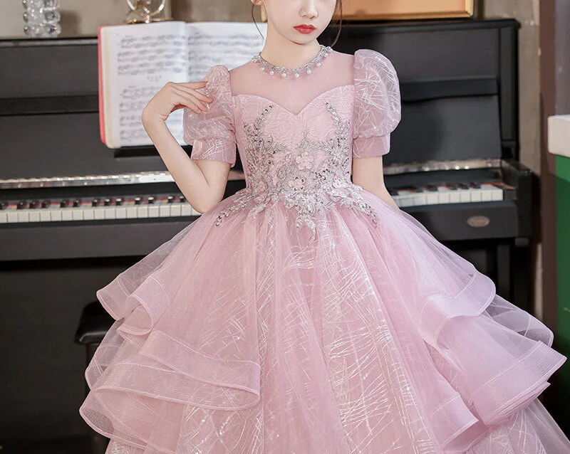 Short Sleeves Floor Length Princess Girl Party Dress with Rhinestones Appliques - Image 5