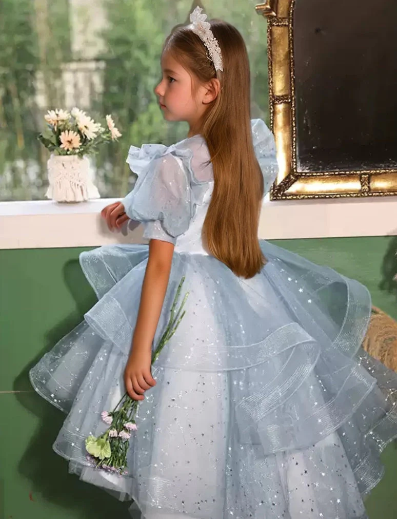 Short Sleeves High Low Round Neck Flower Girl Party Dress with Rhinestone Appliques - Image 2