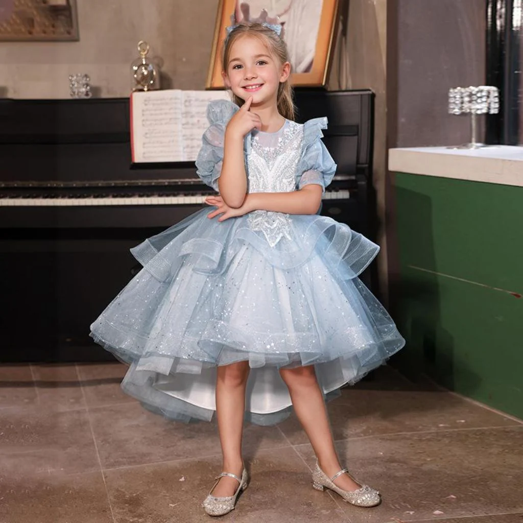 Short Sleeves High Low Round Neck Flower Girl Party Dress with Rhinestone Appliques - Image 3