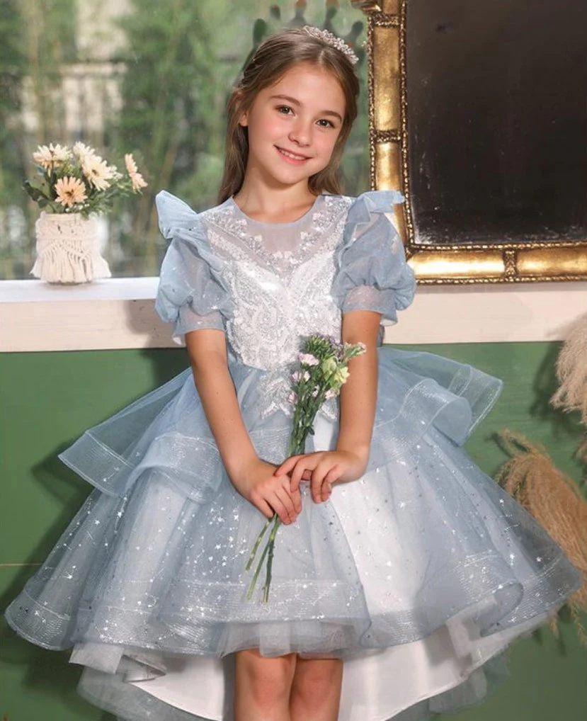 Short Sleeves High Low Round Neck Flower Girl Party Dress with Rhinestone Appliques - Image 4