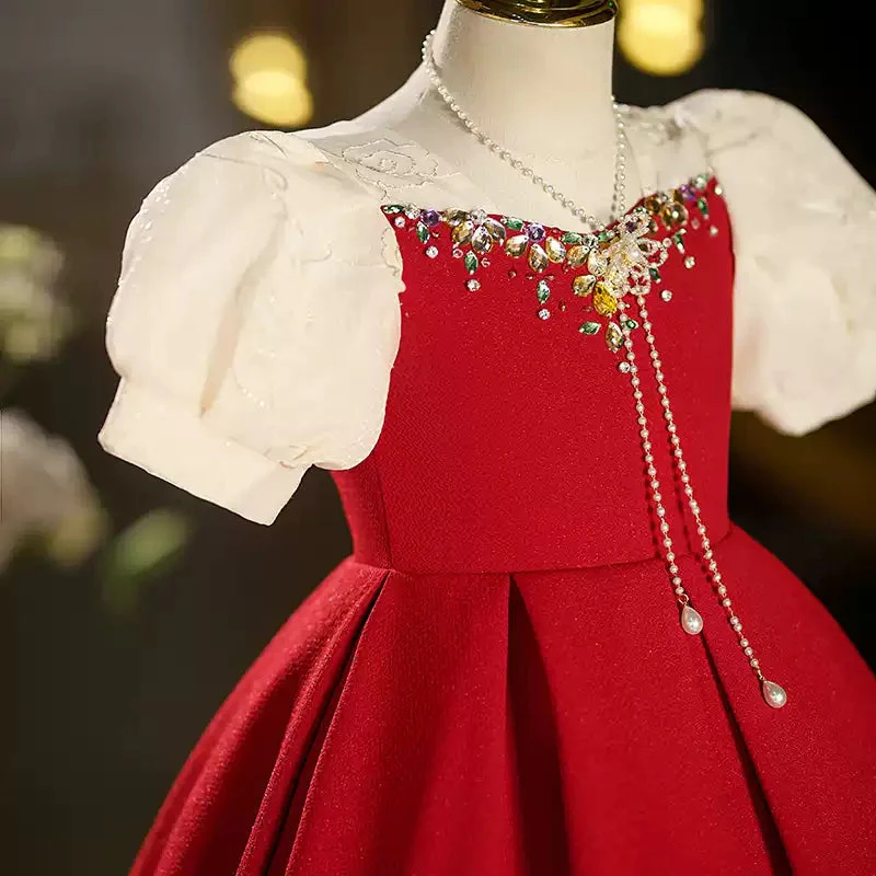 Short Sleeves Tea-Length Red Girl Party Dresses with Rhinestones - Image 4