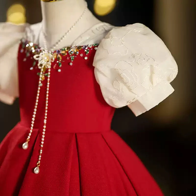 Short Sleeves Tea-Length Red Girl Party Dresses with Rhinestones - Image 5