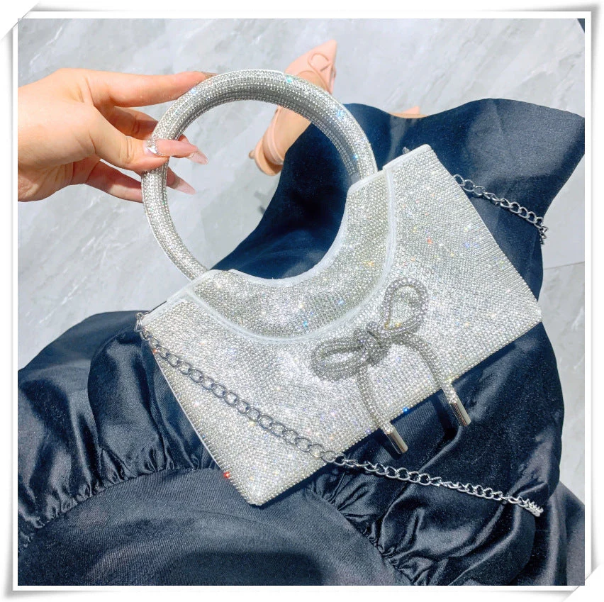 Silver Luxurious Sparkling Crystal Fashion Wedding Party Clutch Bag with Bowknot - Image 3