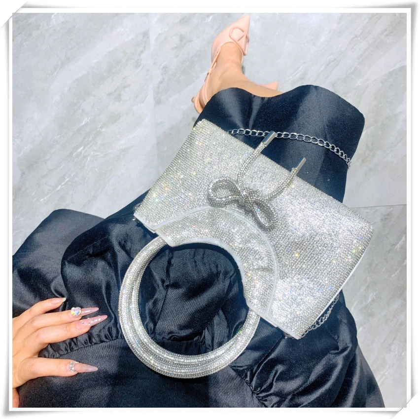 Silver Luxurious Sparkling Crystal Fashion Wedding Party Clutch Bag with Bowknot - Image 4