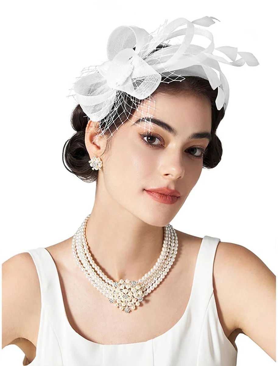 Simple White Feather Tea Party Cocktail Ladies Day Tulle Fascinator/Headband - Image 3
