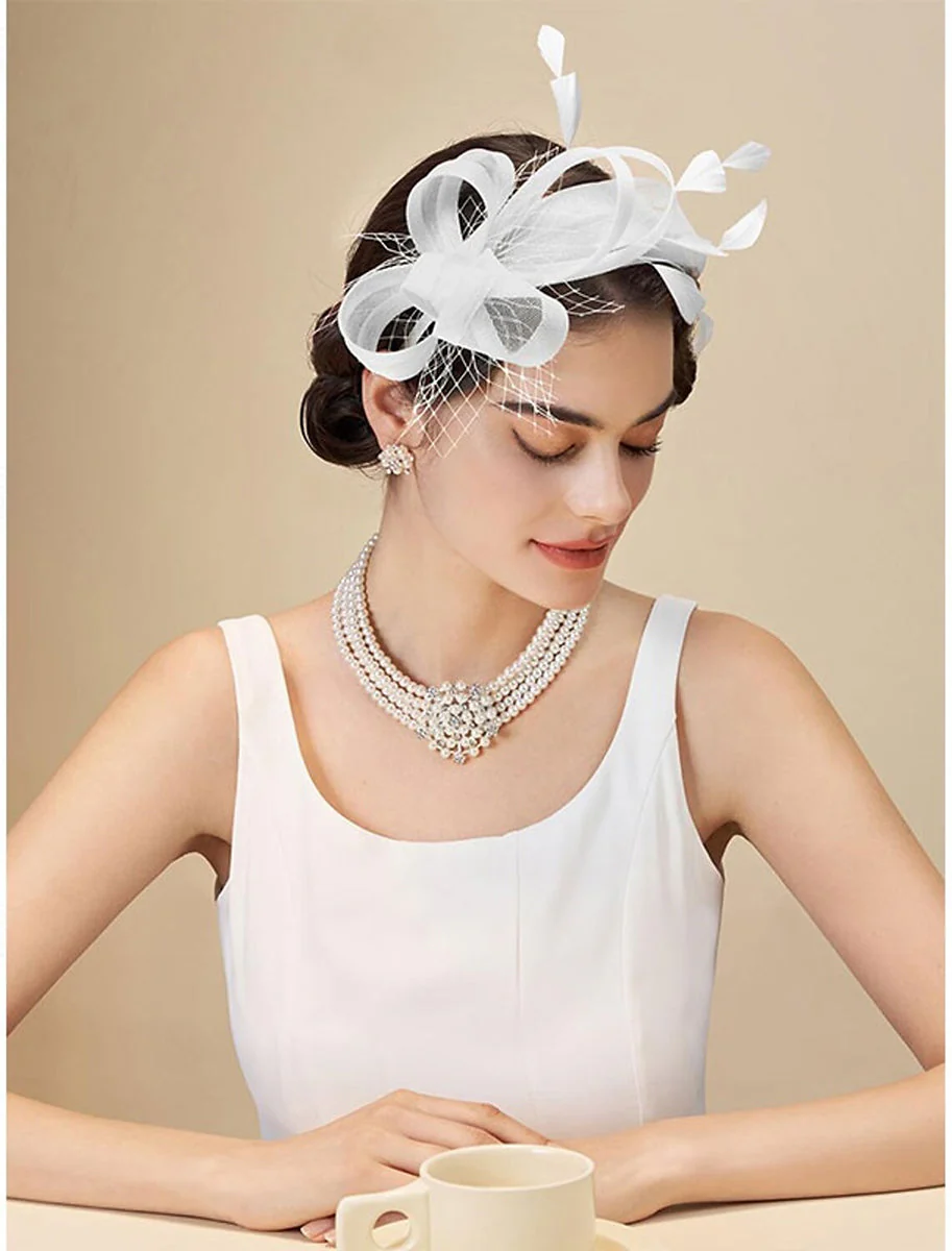 Simple White Feather Tea Party Cocktail Ladies Day Tulle Fascinator/Headband - Image 4