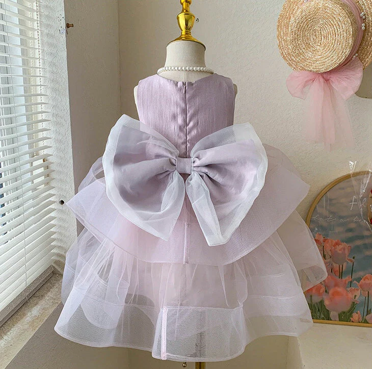 Sleeveless Round Neck Tea Length Princess Baby Girl Party Dress with Bowknot - Image 2