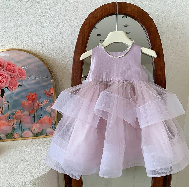 Sleeveless Round Neck Tea Length Princess Baby Girl Party Dress with Bowknot - Image 3