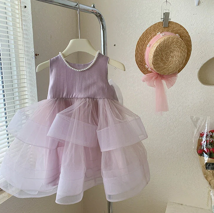 Sleeveless Round Neck Tea Length Princess Baby Girl Party Dress with Bowknot - Image 4