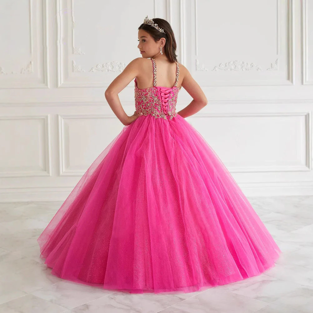 Sparkling Ball Gown Halter Tulle Floor-Length Flower Girl Dress with Lace Appliques - Image 3