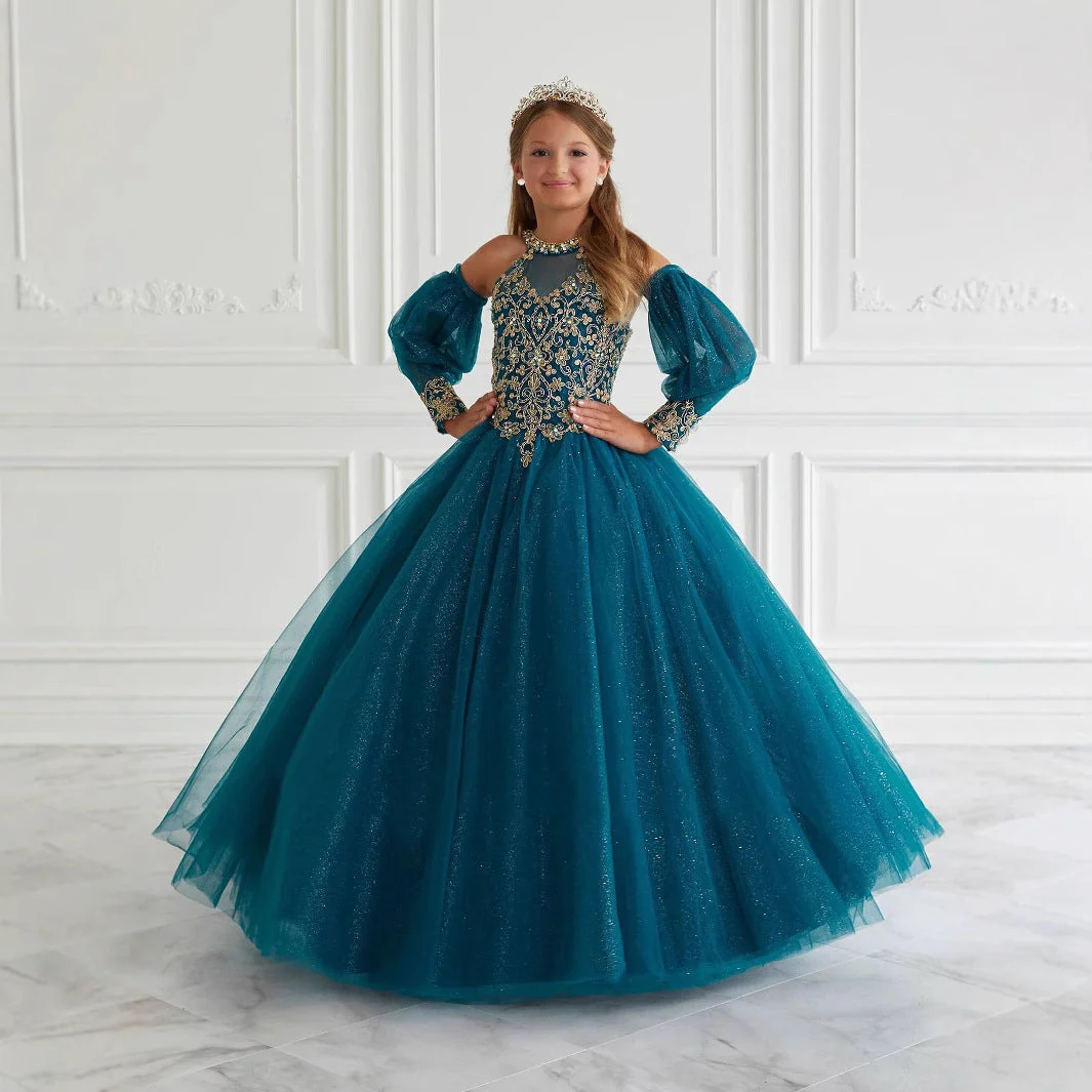 Sparkling Ball Gown Halter Tulle Floor-Length Flower Girl Dress with Lace Appliques - Image 4