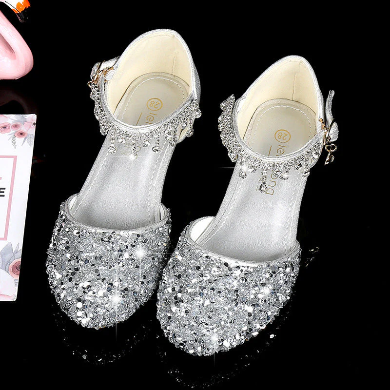 Sparkling Sequined Block Round Toe Buckle Girl's Shoes with Rhinestone - Image 6