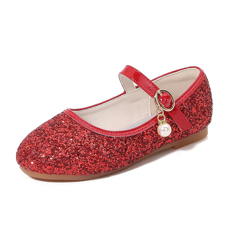 Sparkling Sequins Low Heel Round Toe Minimalist Girl's Shoes with Buckle & Pearl - Image 10