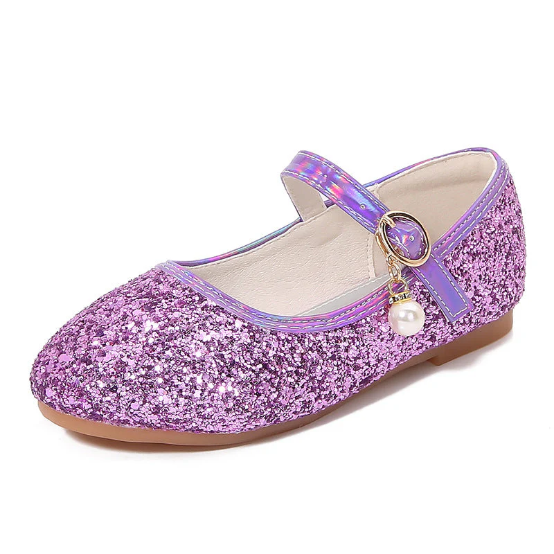 Sparkling Sequins Low Heel Round Toe Minimalist Girl's Shoes with Buckle & Pearl - Image 12