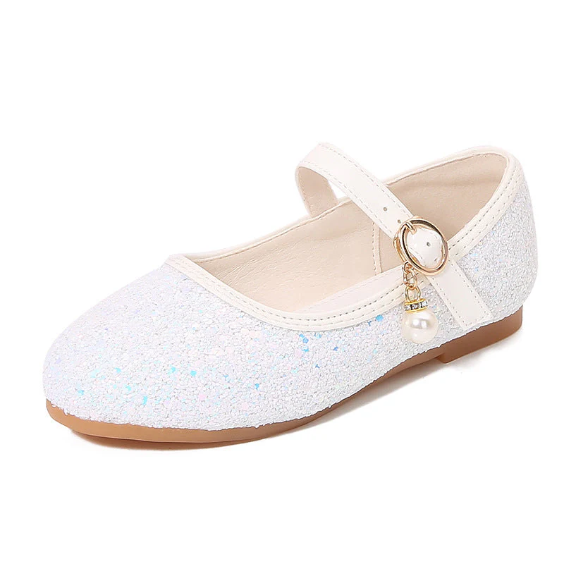 Sparkling Sequins Low Heel Round Toe Minimalist Girl's Shoes with Buckle & Pearl - Image 9