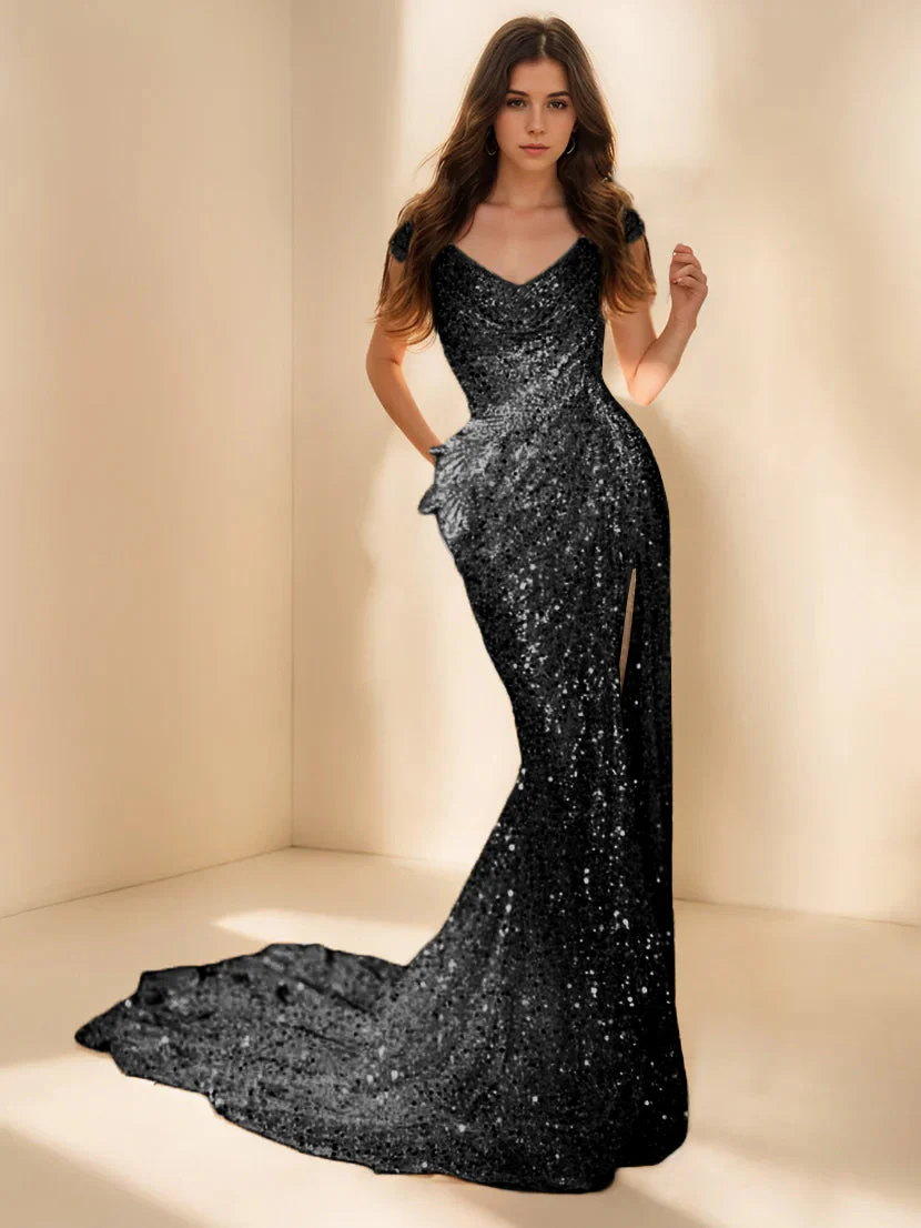 Sparkly Sequin Sweep Train Evening Gown - Image 3