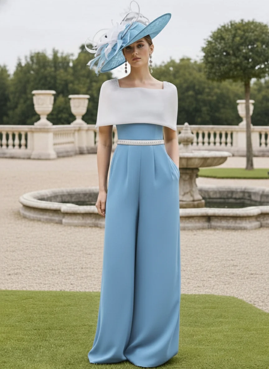 Square Collar Floor-Length Jumpsuit Mother of the Bride Off-the-Shoulder Cape - Image 10