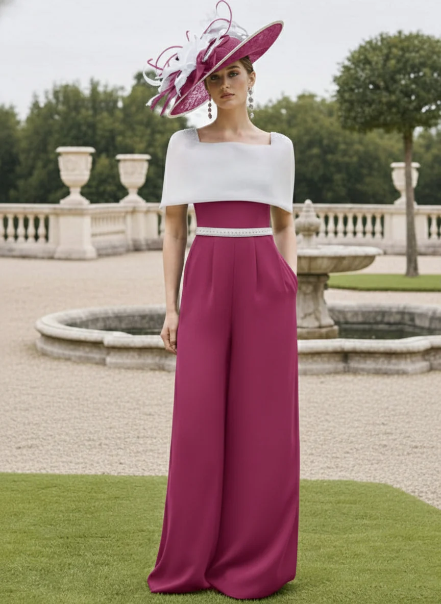 Square Collar Floor-Length Jumpsuit Mother of the Bride Off-the-Shoulder Cape - Image 14