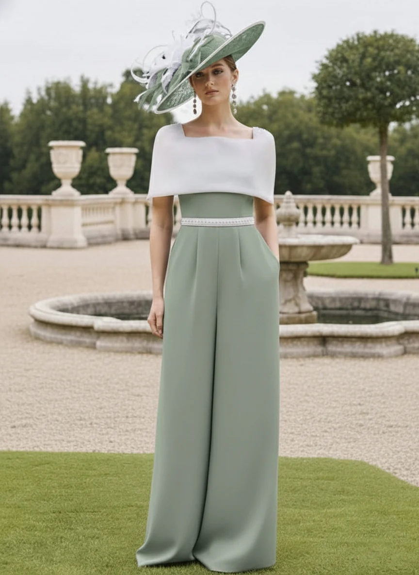 Square Collar Floor-Length Jumpsuit Mother of the Bride Off-the-Shoulder Cape - Image 16