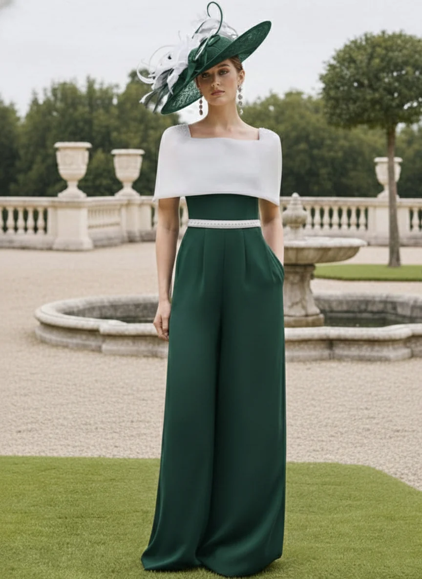 Square Collar Floor-Length Jumpsuit Mother of the Bride Off-the-Shoulder Cape - Image 19