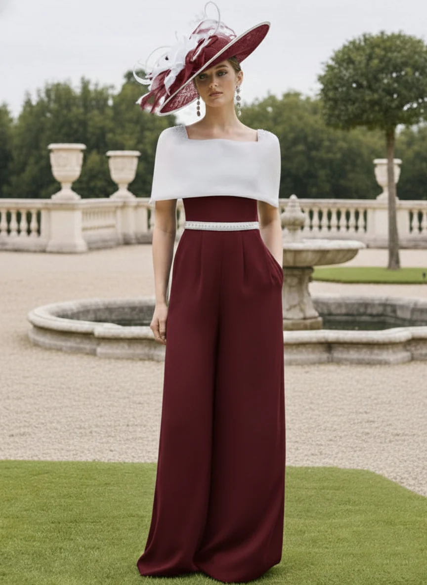 Square Collar Floor-Length Jumpsuit Mother of the Bride Off-the-Shoulder Cape - Image 23