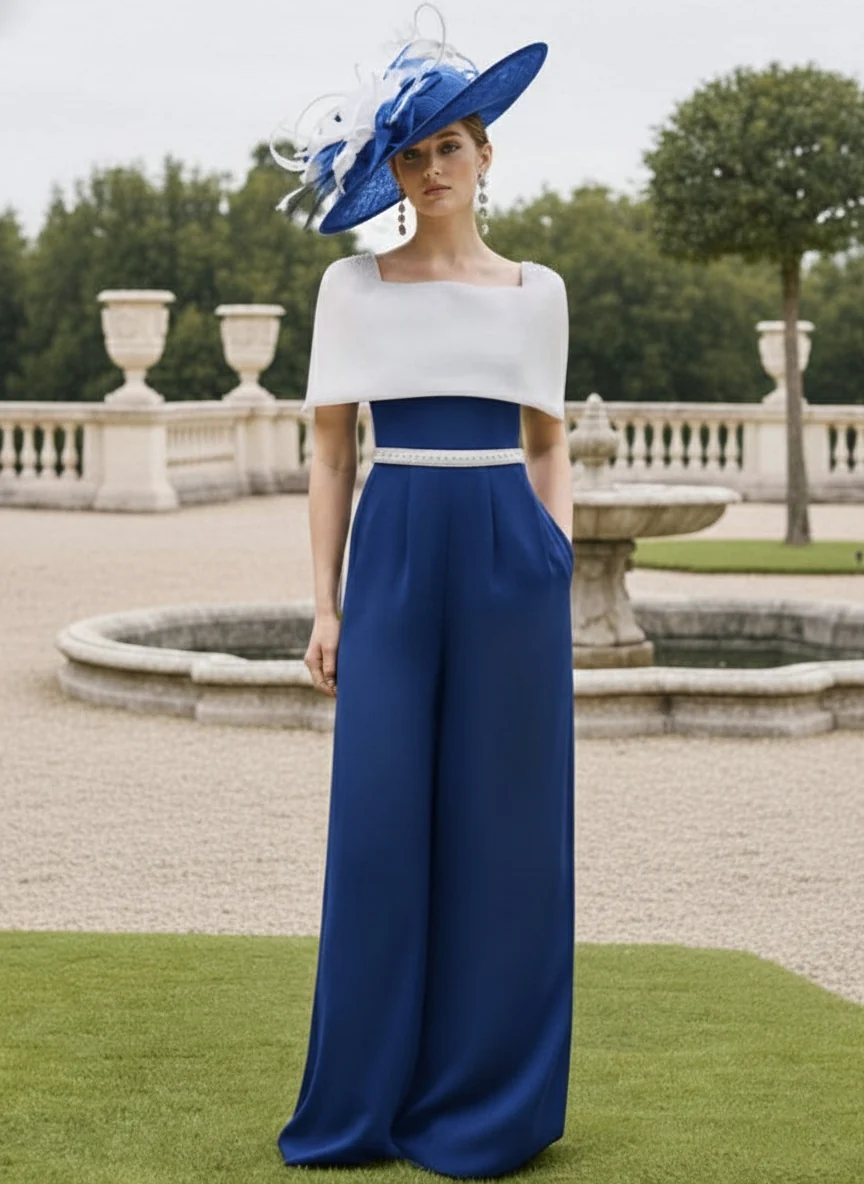 Square Collar Floor-Length Jumpsuit Mother of the Bride Off-the-Shoulder Cape - Image 24