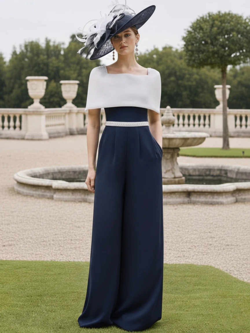 Square Collar Floor-Length Jumpsuit Mother of the Bride Off-the-Shoulder Cape - Image 3