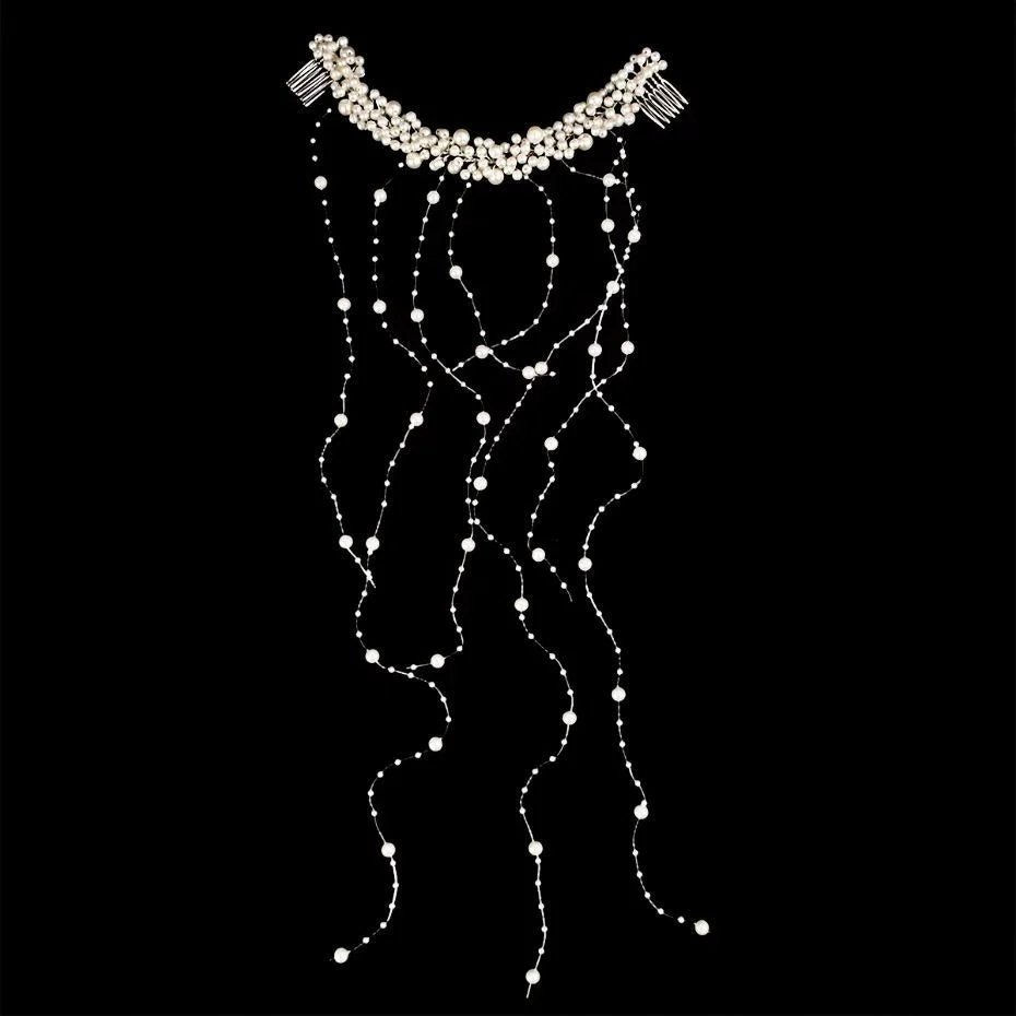Tassel Comb Bridal Headpiece with Pearls - Image 2