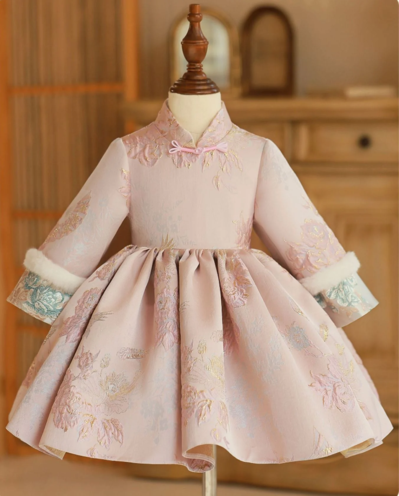 Tea Length High Neck Winter Long Sleeves Embroidery Baby Girl Dress with removed Scarf - Image 3