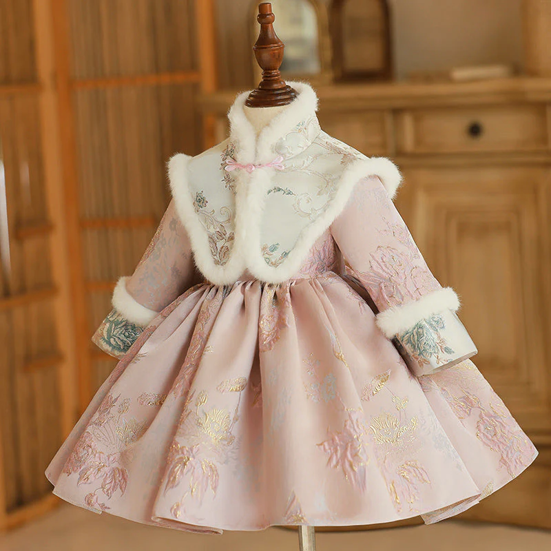 Tea Length High Neck Winter Long Sleeves Embroidery Baby Girl Dress with removed Scarf - Image 4